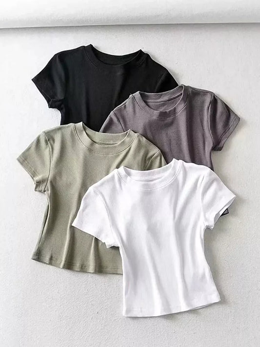 Summer Women O-neck Short-sleeve crop top